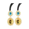Golden flower-shaped earrings set with blue and yellow bicolor gemstones Item Picture